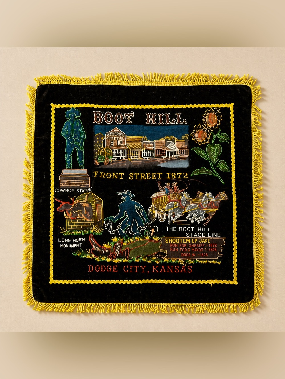 1960s Boot Hill Dodge City Kansas Black Velvet Souvenir Fringed Pillow Cover